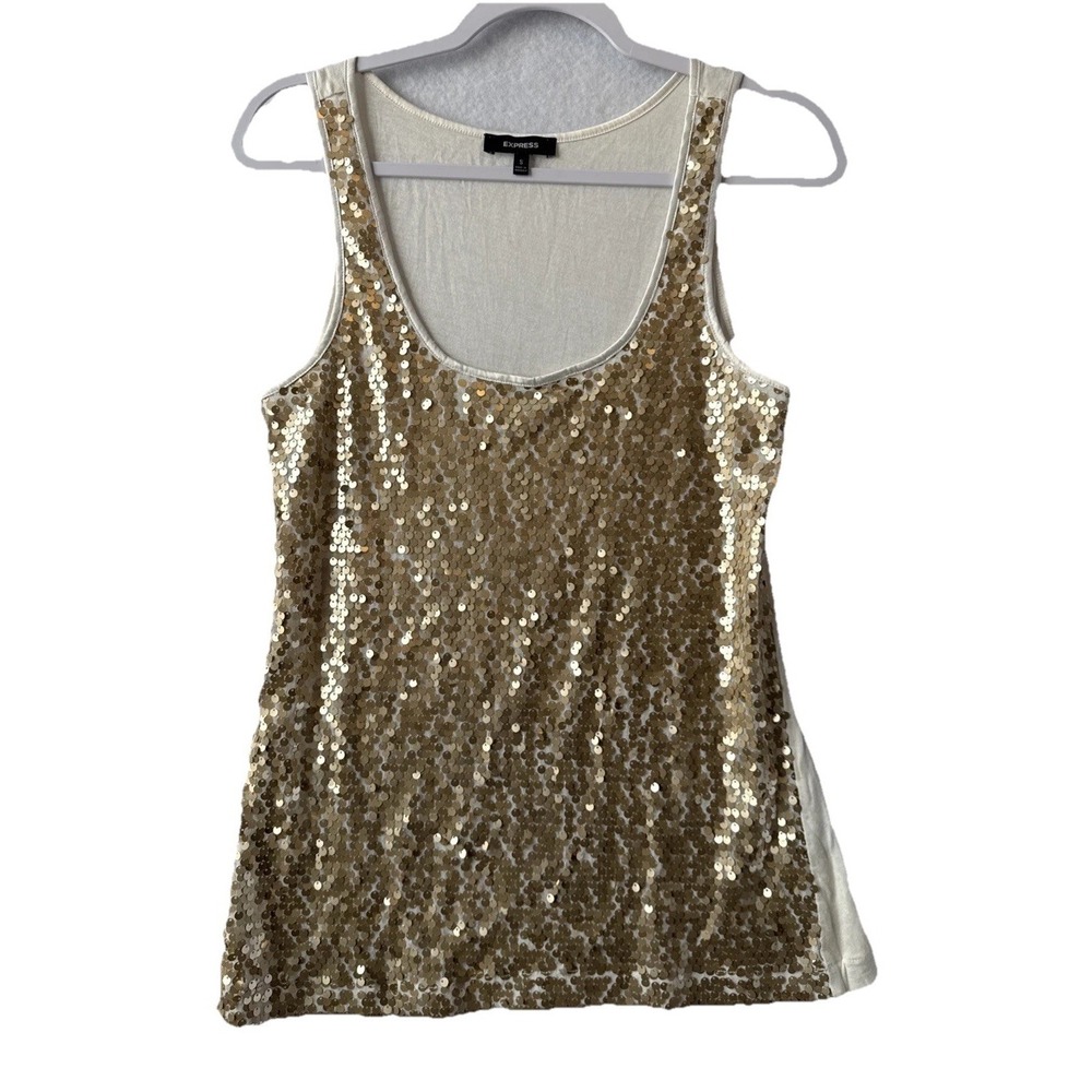 Express Gold Sequin Modal Cotton Sleeveless Scoop Tank S Boho Chic Glam‎ Party